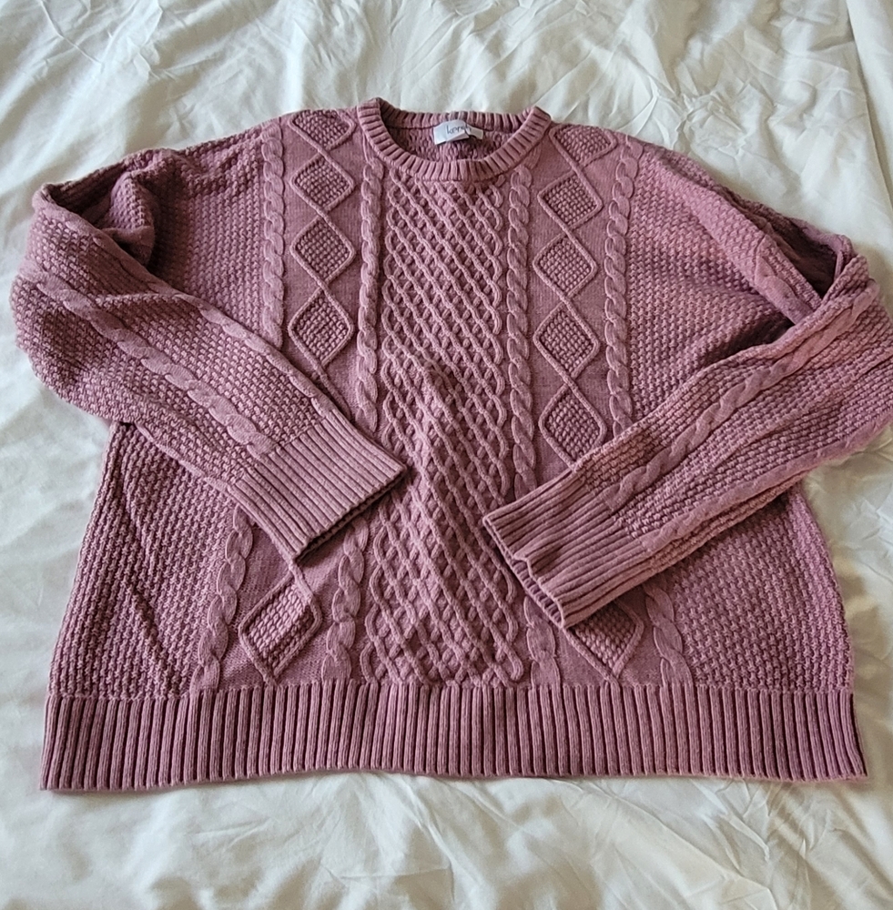 Women's Pink Preppy Cable Knit Sweater Wool Cotton Xl Crewneck